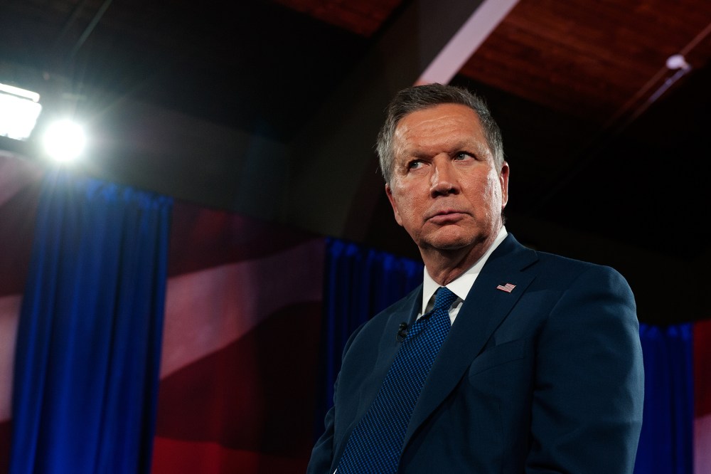 GOP Presidential Candidate John Kasich speaks with the audience during an MSNBC town hall meeting at St. Helen's Roman Catholic Church on March 30, 2016, New York City. (Photo by Bryan Thomas/Getty)