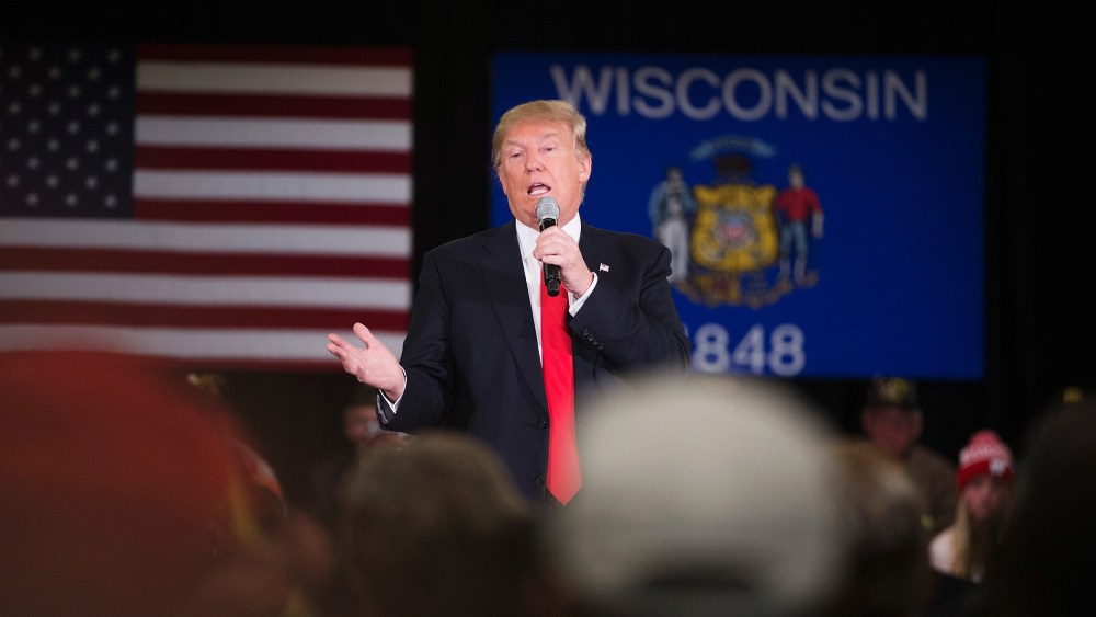 Republican presidential candidate Donald Trump speaks to guests during a campaign rally at the Radisson Paper Valley Hotel on March 30, 2016 in Appleton, Wis. (Photo by Scott Olson/Getty)