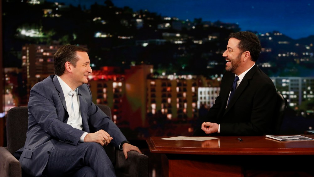 Presidential candidate Ted Cruz appears on "Jimmy Kimmel Live" on March 30, 2016. (Photo by Randy Holmes/ABC/Getty)