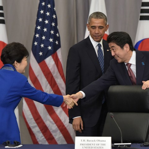 President Obama, South Korea's President Park Geun-Hye (L) and Japan's Prime Minister Shinzo Abe, after a trilateral meeting on the sidelines of the Nuclear Security Summit in Washington, DC, March 31, 2016. (Photo by Mandel Ngan/AFP/Getty)