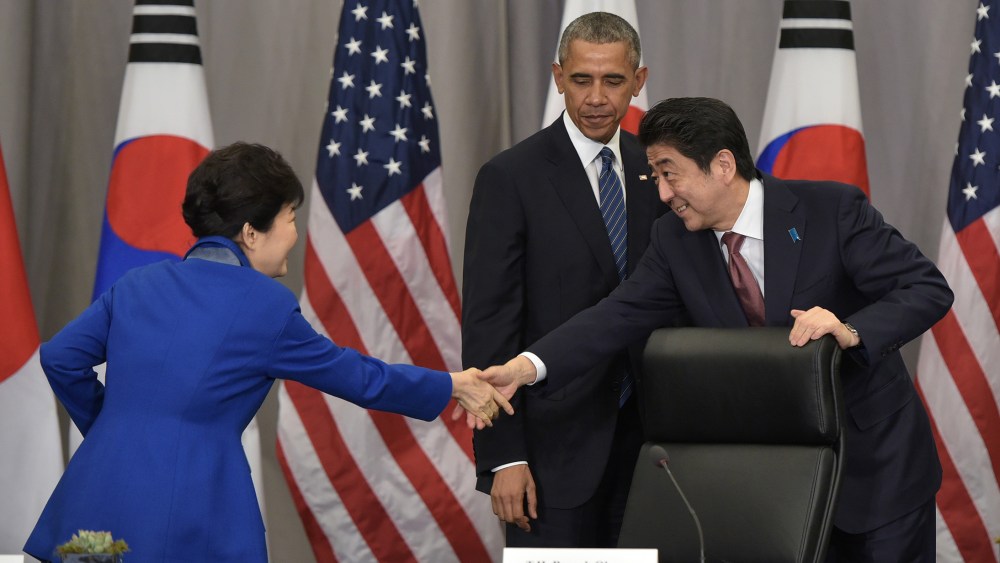 President Obama, South Korea's President Park Geun-Hye (L) and Japan's Prime Minister Shinzo Abe, after a trilateral meeting on the sidelines of the Nuclear Security Summit in Washington, DC, March 31, 2016. (Photo by Mandel Ngan/AFP/Getty)