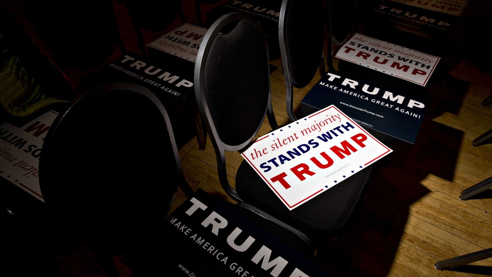 Campaign signs sit on chairs ahead of an event with Donald Trump, president and chief executive of Trump Organization Inc. and 2016 Republican presidential candidate, in Racine, Wis., April 2, 2016. (Photo by Daniel Acker/Bloomberg/Getty)