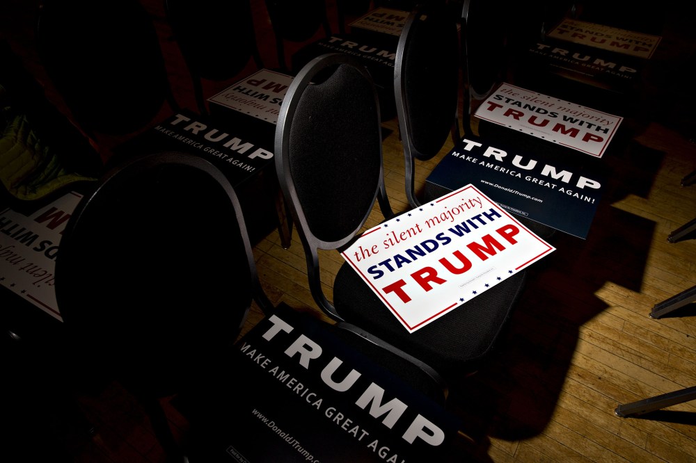 Campaign signs sit on chairs ahead of an event with Donald Trump, president and chief executive of Trump Organization Inc. and 2016 Republican presidential candidate, in Racine, Wis., April 2, 2016. (Photo by Daniel Acker/Bloomberg/Getty)