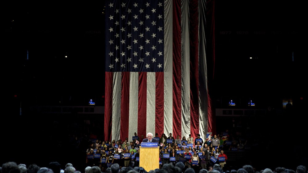 Senator Bernie Sanders, an independent from Vermont and 2016 Democratic presidential candidate, speaks during a campaign event in Madison, Wis., April 3, 2016. (Photo by Daniel Acker/Bloomberg/Getty)