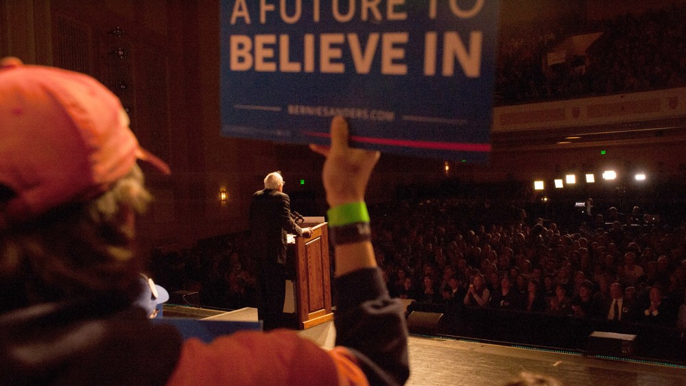 Democratic presidential candidate Sen. Bernie Sanders (D-VT) speaks during a political rally on April 5, 2016 in Laramie, Wy. (Photo by Theo Stroomer/Getty)
