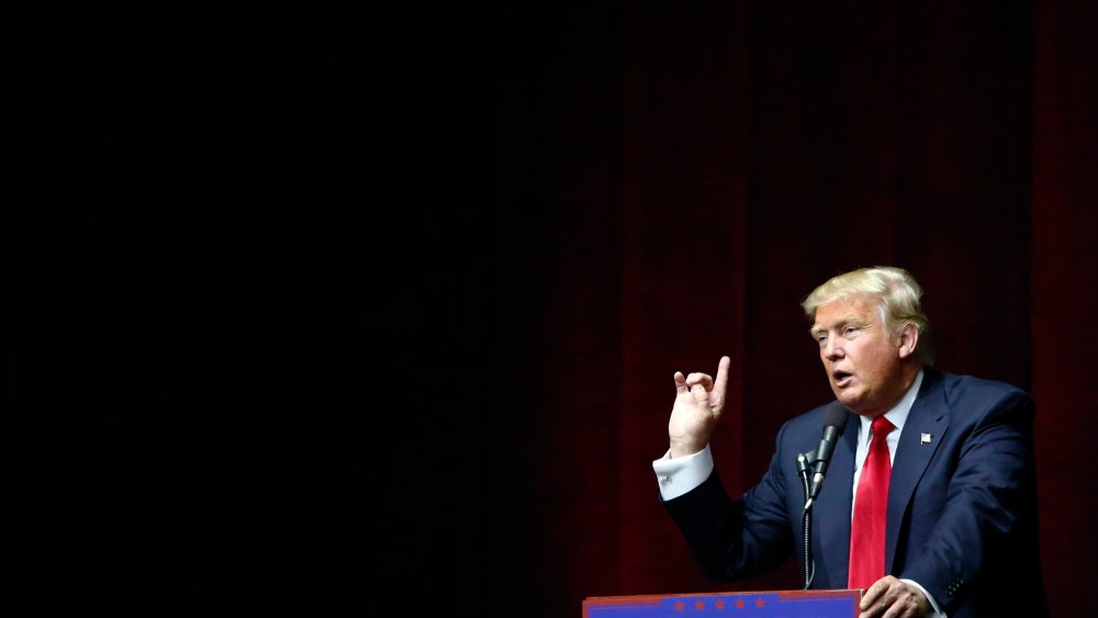Republican presidential candidate Donald Trump addresses a rally in Bethpage, Long Island, N.Y., on April 6, 2016. (Photo by Kena Betancur/AFP/Getty)