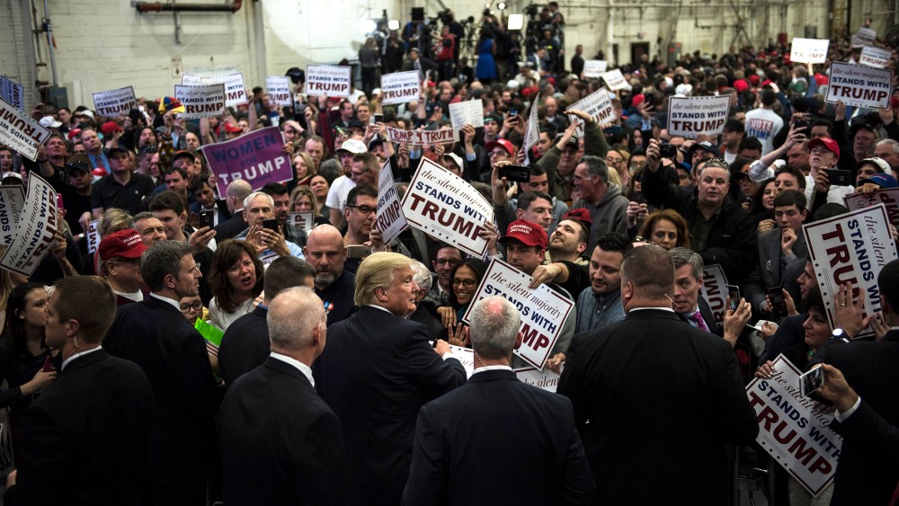 Republican Presidential Candidate Donald Trump interacts with supporters following a campaign rally on April 6, 2016 in Bethpage, N.Y. (Photo by Andrew Renneisen/Getty)
