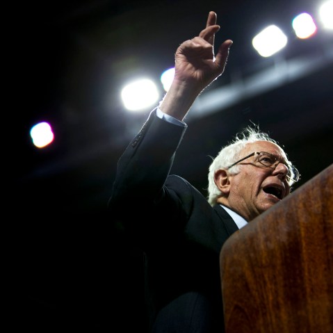 Democratic presidential candidate Sen. Bernie Sanders (D-Vt.) speaks at a rally at Temple University on April 6, 2016 in Philadelphia, Penn. (Photo by Jessica Kourkounis/Getty)