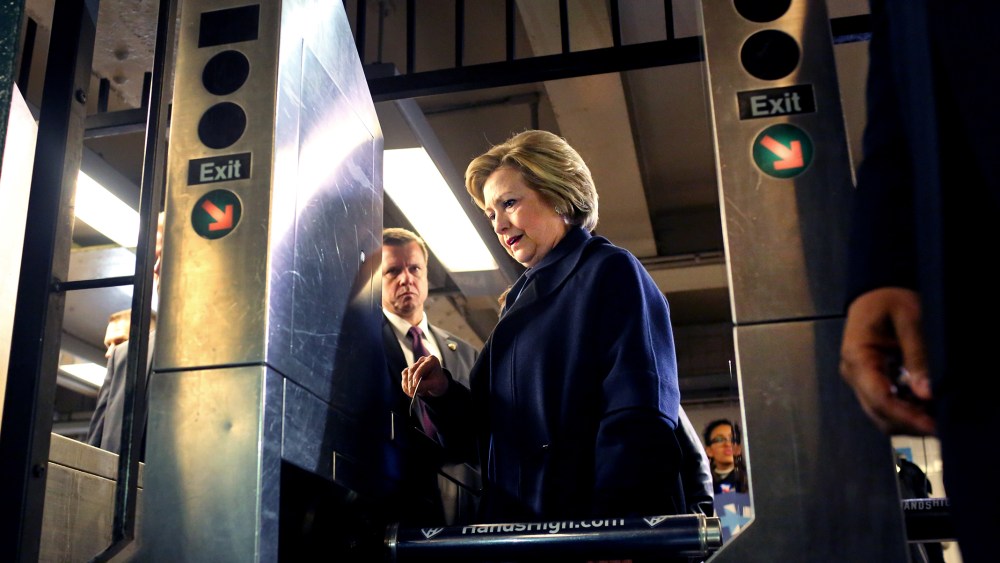 U.S. Presidential candidate Hillary Clinton (D-NY) enters the 161st Street subway station in the Bronx, NY, on April 07, 2016, after campaigning with Bronx borough President Ruben Diaz Jr. (Photo by Yana Paskova/The Washington Post/Getty)