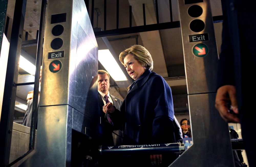 U.S. Presidential candidate Hillary Clinton (D-NY) enters the 161st Street subway station in the Bronx, NY, on April 07, 2016, after campaigning with Bronx borough President Ruben Diaz Jr. (Photo by Yana Paskova/The Washington Post/Getty)