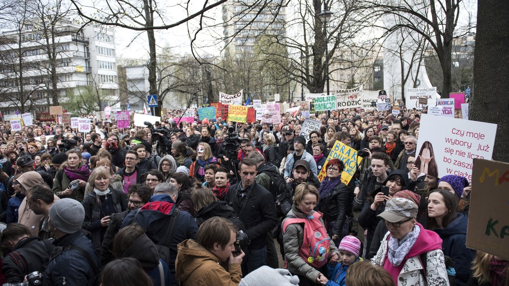 Thousands of protesters gather for a demonstration against proposed abortion ban law in front of the Polish Parliament building in Warsaw, Poland, April 9, 2016. (Photo by Omar Marques/Anadolu Agency/Getty)