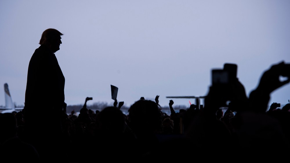 Republican presidential candidate Donald Trump finishes speaking during a campaign event at JetSmart Aviation Services in Rochester, N.Y., April 10, 2016. (Photo by Jabin Botsford/The Washington Post/Getty)