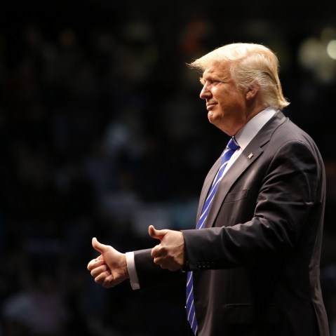 Republican presidential candidate Donald Trump greets supporters after speaking at a campaign rally on April 11, 2016 in Albany, New York. (Photo by Eduardo Munoz Alvarez/Getty)