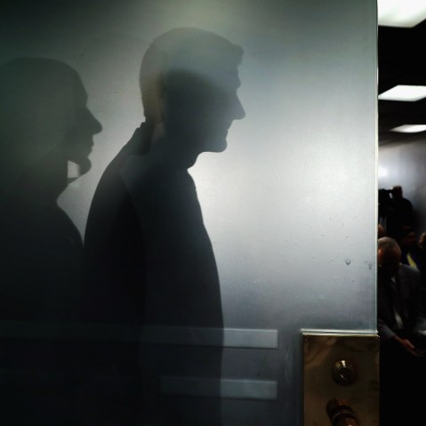 Speaker of the House Paul Ryan (R-WI) casts his shadow on a glass door as he arrives for a news conference following the weekly House Republican conference at the U.S. Capitol April 13, 2016 in Washington, DC. (Photo by Chip Somodevilla/Getty)