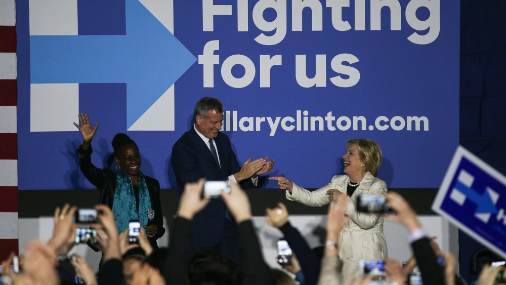 Democratic Presidential Candidate Hillary Clinton and Mayor of New York City Bill de Blasio greet people as Turkish Americans show their support in Brooklyn, April 14, 2016. (Photo by Cem Ozdel/Anadolu Agency/Getty)