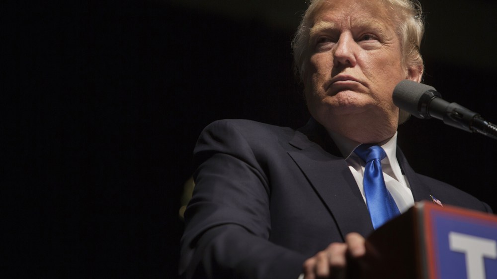 Donald Trump pauses as he speaks during a campaign event in Hartford, Conn., April 15, 2016. (Photo by Victor J. Blue/Bloomberg/Getty)