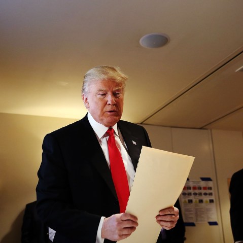 Republican Presidential candidate Donald Trump votes at his local polling station in New York's primary on April 19, 2016 in New York City. Trump is looking to win in New York after a string of losses to Senator Ted Cruz. (Photo by Spencer Platt/Getty)