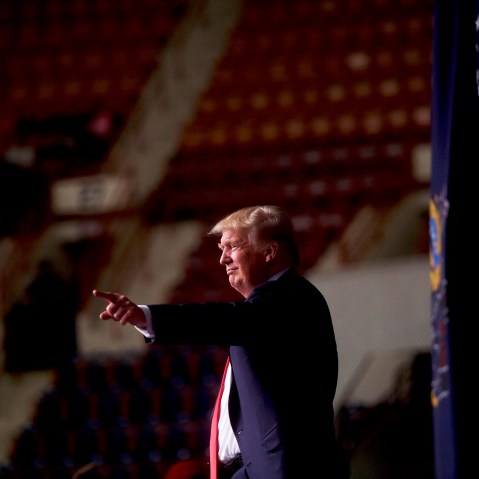 Republican presidential hopeful Donald Trump points to supporters following a rally at the Pennsylvania Farm Show Complex & Expo Center on April 21, 2016 in Harrisburg, Penn. (Photo by Mark Makela/Getty)