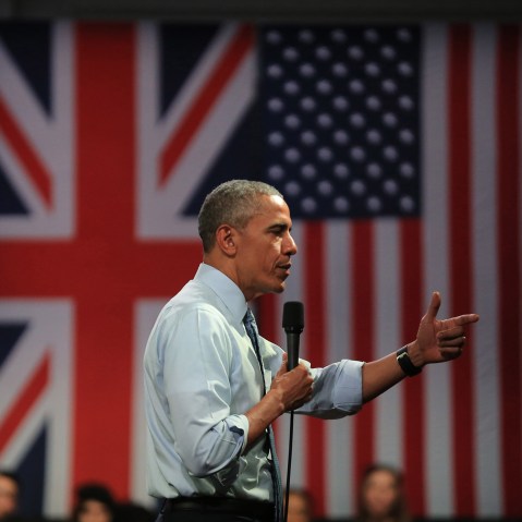 President Obama speaks during the 'Town Hall' discussion with British youth at the Royal Horticultural Halls on April 23, 2016 in London, England.