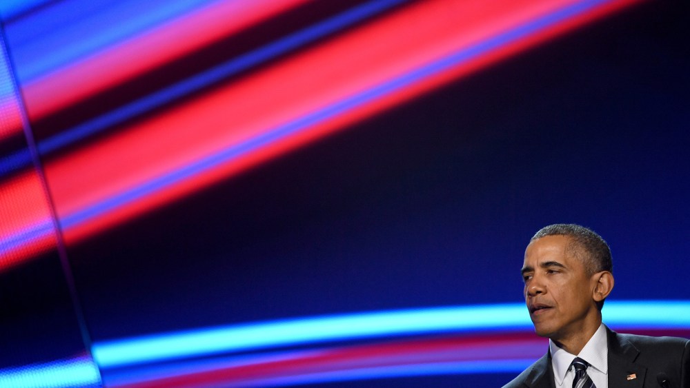 President Obama speaks at the opening evening of the Hannover Messe trade fair on April 24, 2016 in Hanover, Germany. (Photo by Alexander Koerner/Getty)