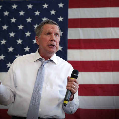 Republican presidential candidate and Ohio Governor John Kasich speaks during a campaign event April 25, 2016. (Photo by Alex Wong/Getty)