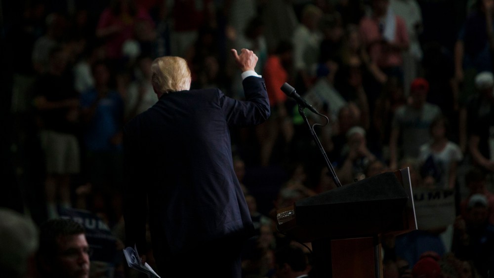 Republican presidential candidate Donald Trump gives a thumbs up to the crowd at the end of a campaign rally on April 25, 2016 at West Chester University in West Chester, Penn. (Photo by Jessica Kourkounis/Getty)