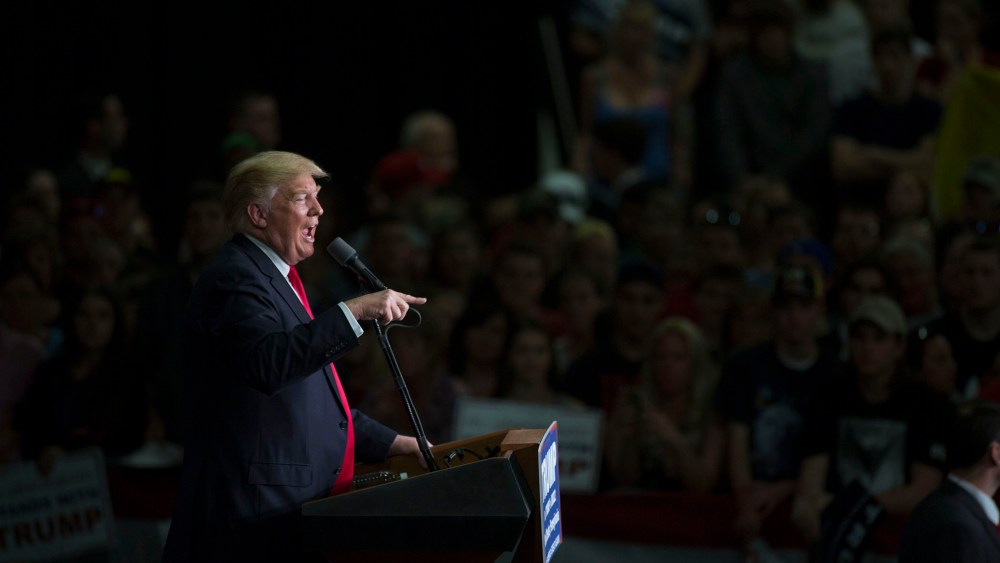 Republican presidential candidate Donald Trump speaks at a campaign rally on April 25, 2016 at West Chester University in West Chester, Penn. (Photo by Jessica Kourkounis/Getty)