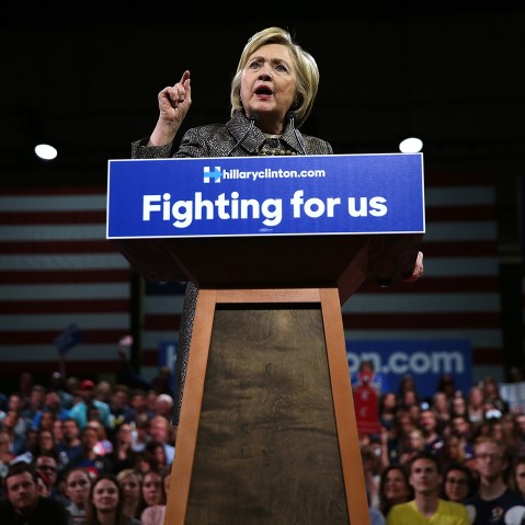 Democratic presidential candidate former Secretary of State Hillary Clinton speaks during her primary night gathering at the Philadelphia Convention Center on April 26, 2016 in Philadelphia, Penn. (Photo by Justin Sullivan/Getty)