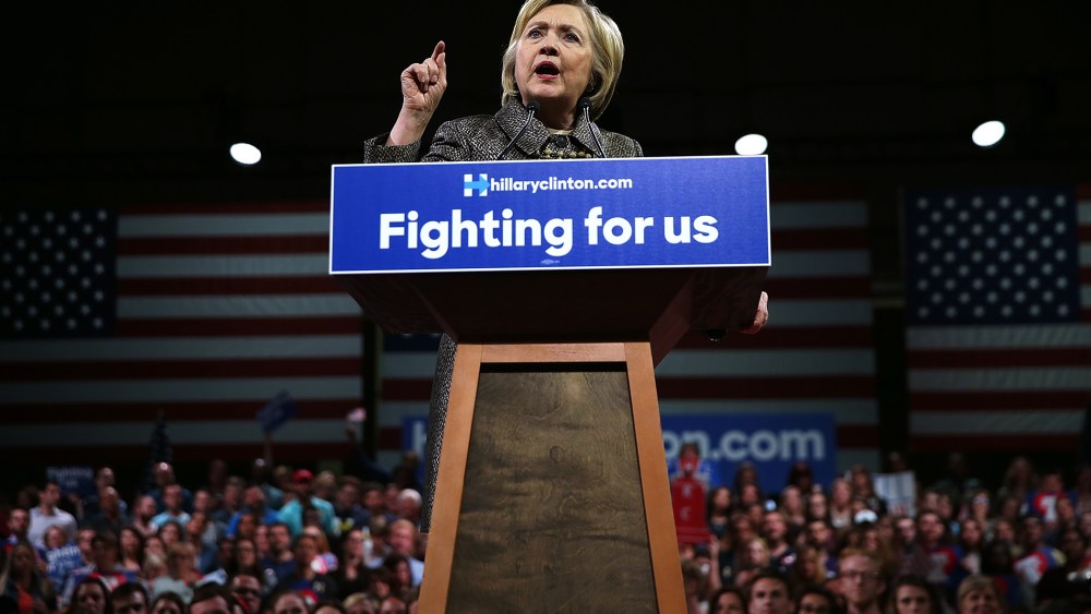 Democratic presidential candidate former Secretary of State Hillary Clinton speaks during her primary night gathering at the Philadelphia Convention Center on April 26, 2016 in Philadelphia, Penn. (Photo by Justin Sullivan/Getty)