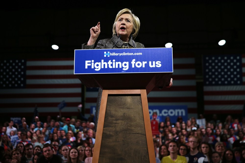 Democratic presidential candidate former Secretary of State Hillary Clinton speaks during her primary night gathering at the Philadelphia Convention Center on April 26, 2016 in Philadelphia, Penn. (Photo by Justin Sullivan/Getty)