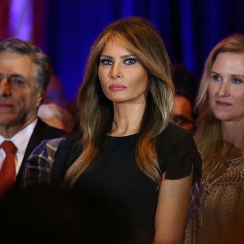 Melania Trump watches as her husband speaks to the media at Trump Towers after the primaries in northeastern states on April 26, 2016 in New York. (Photo by Spencer Platt/Getty)