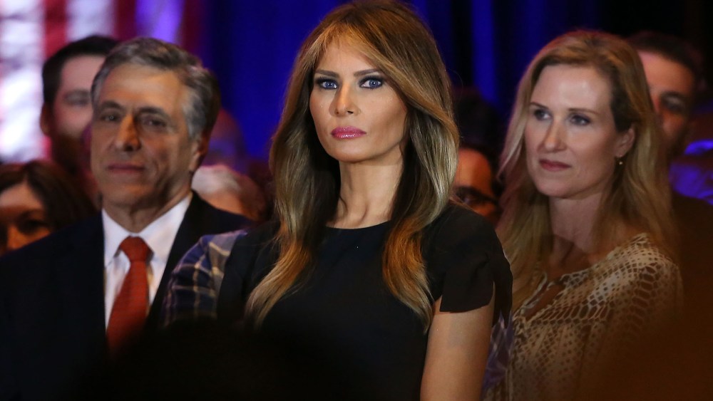 Melania Trump watches as her husband speaks to the media at Trump Towers after the primaries in northeastern states on April 26, 2016 in New York. (Photo by Spencer Platt/Getty)