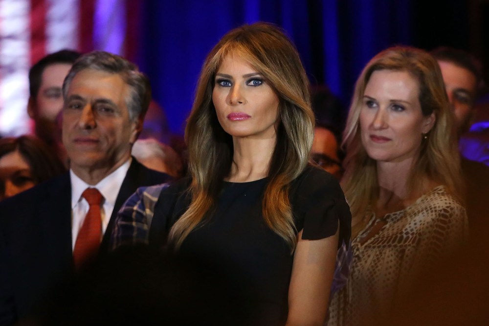 Melania Trump watches as her husband speaks to the media at Trump Towers after the primaries in northeastern states on April 26, 2016 in New York. (Photo by Spencer Platt/Getty)