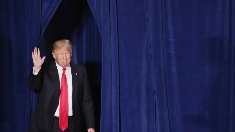 Republican presidential candidate Donald Trump walks out from backstage before delivering a speech about his vision for foreign policy at the Mayflower Hotel on April 27, 2016 in Washington, DC. (Photo by Chip Somodevilla/Getty)