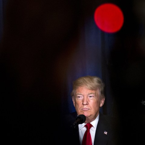 Republican presidential candidate Donald Trump pauses while speaking during an address on foreign policy at the Mayflower Hotel in Washington, D.C., on April 27, 2016. (Photo by Andrew Harrer/Bloomberg/Getty)