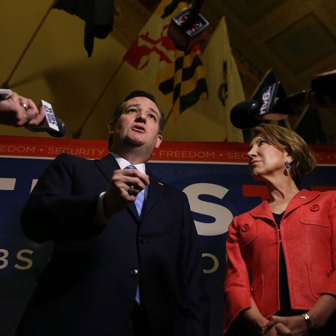Republican presidential candidate Sen. Ted Cruz and his Vice Presidential candidate Carly Fiorina before a taping of Fox News Channel's The Sean Hannity Show at the Indiana War Memorial, April 29, 2016. (Photo by Joe Raedle/Getty)
