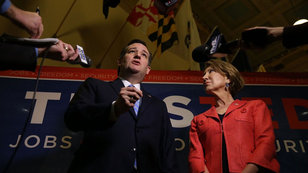 Republican presidential candidate Sen. Ted Cruz and his Vice Presidential candidate Carly Fiorina before a taping of Fox News Channel's The Sean Hannity Show at the Indiana War Memorial, April 29, 2016. (Photo by Joe Raedle/Getty)