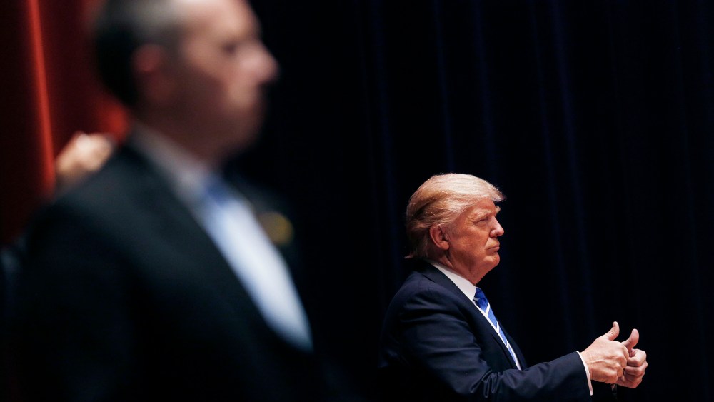 Donald Trump, president and chief executive of Trump Organization Inc. and 2016 Republican presidential candidate, gestures to attendees during a campaign event in Evansville, Ind., April 28, 2016. (Photo by Luke Sharrett/Bloomberg/Getty)