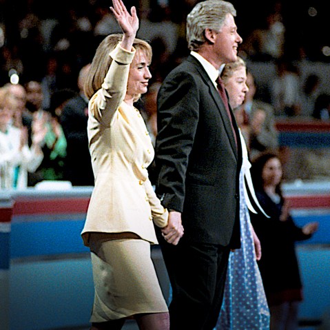 Former Gov. Bill Clinton introduces his wife Hillary and daughter Chelsea to the 1992 Democratic National Convention in New York, NY. (Photo by Mark Reinstein/Corbis/Getty)