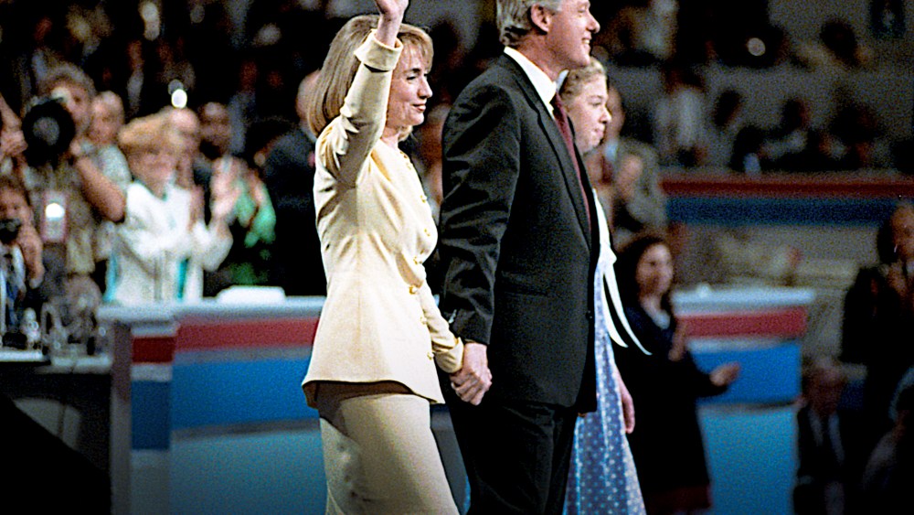 Former Gov. Bill Clinton introduces his wife Hillary and daughter Chelsea to the 1992 Democratic National Convention in New York, NY. (Photo by Mark Reinstein/Corbis/Getty)