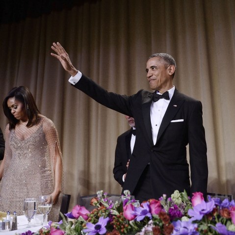 President Barack Obama waves to the audience after speaking at the White House Correspondents' Association annual dinner on April 30, 2016 at the Washington Hilton hotel in Washington, DC. (Photo by Olivier Douliery/Getty)