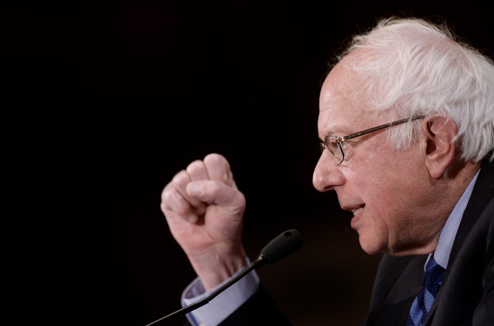 Democratic presidential candidate Bernie Sanders speaks during a press conference at the National Press Club, May 1, 2016 in Washington DC. (Photo by Olivier Douliery/AFP/Getty)