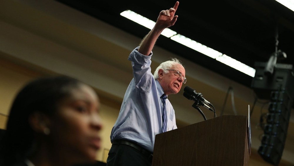 Democratic presidential candidate Bernie Sanders (D-VT) speaks during a campaign rally at the Century Center on May 1, 2016 in South Bend, Ind. (Photo by Joe Raedle/Getty)