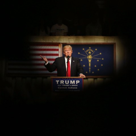 Republican presidential candidate Donald Trump speaks during a campaign stop at the Palladium at the Center for the Performing Arts on May 2, 2016 in Carmel, Ind. (Photo by Joe Raedle/Getty)