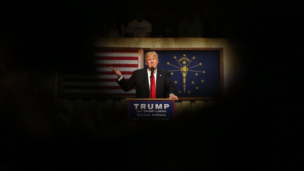 Republican presidential candidate Donald Trump speaks during a campaign stop at the Palladium at the Center for the Performing Arts on May 2, 2016 in Carmel, Ind. (Photo by Joe Raedle/Getty)