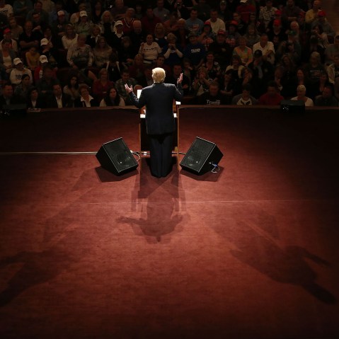 Republican presidential candidate Donald Trump speaks during a campaign stop at the Palladium at the Center for the Performing Arts on May 2, 2016 in Carmel, Indiana. (Photo by Joe Raedle/Getty)