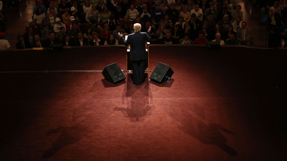 Republican presidential candidate Donald Trump speaks during a campaign stop at the Palladium at the Center for the Performing Arts on May 2, 2016 in Carmel, Indiana. (Photo by Joe Raedle/Getty)
