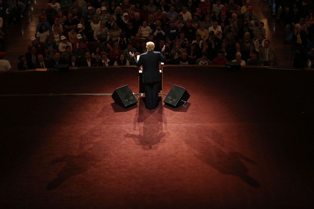 Republican presidential candidate Donald Trump speaks during a campaign stop at the Palladium at the Center for the Performing Arts on May 2, 2016 in Carmel, Indiana. (Photo by Joe Raedle/Getty)