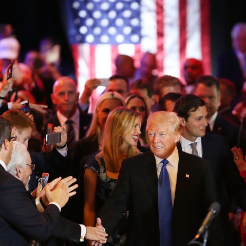 Republican presidential frontrunner Donald Trump speaks to supporters and the media at Trump Tower in Manhattan following his victory in the Indiana primary on May 3, 2016 in New York, N.Y. (Photo by Spencer Platt/Getty)