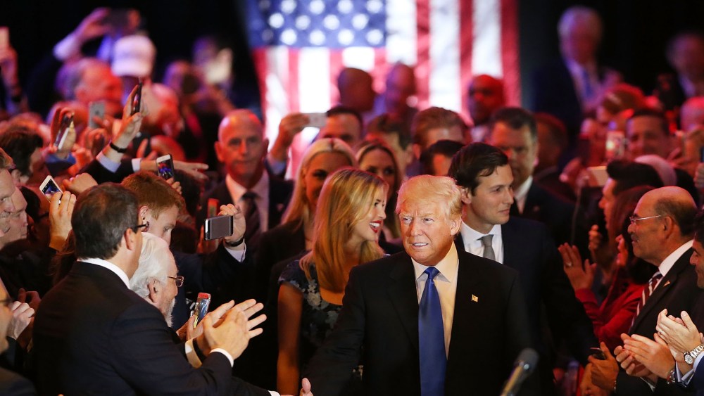 Republican presidential frontrunner Donald Trump speaks to supporters and the media at Trump Tower in Manhattan following his victory in the Indiana primary on May 3, 2016 in New York, N.Y. (Photo by Spencer Platt/Getty)